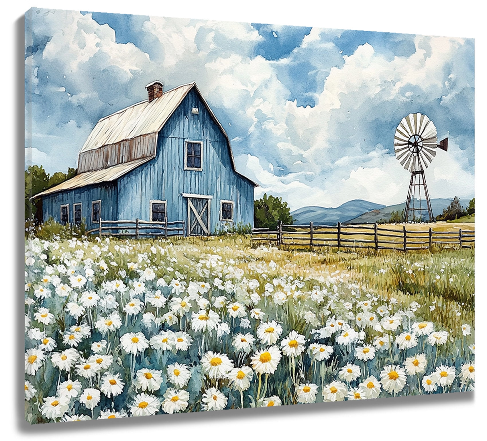 Farmhouse Wall Art Blue Barn Daisy Floral Pictures Canvas Wall Art ...