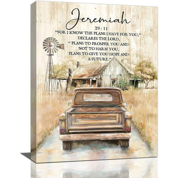 Farmhouse Wall Art Christian Jeremiah 29 Canvas Painting Print Bible Verse Scripture Pictures Wall Decor Rustic Old Truck Barn Framed Artwork Home Decoration for Bedroom Kitchen Bathroom 12"x16"