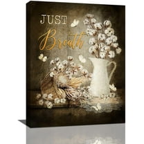 Farmhouse Wall Art Country Cotton Flower Pictures Wall Decor Just Breathe Canvas Print Rustic Bathroom Artwork Modern Home Decorations For Bathroom Kitchen Bedroom Framed 12"x16"