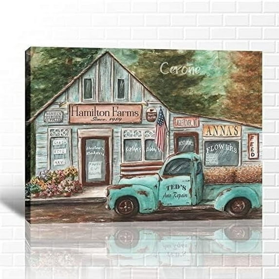 Farmhouse Wall Art - Farm Wall Decor Canvas Art Print | Vintage Rustic Wall Art Old Truck Pictures for Living Room Wall Decoration | Country Wall Decor 12x18 Inches Framed Artwork