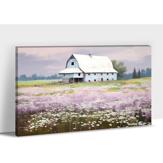 Farmhouse Wall Art - Farmhouse Barn Pictures Wall Decor, Rustic Spring Barn Picture Wall Art, Farm Flower Field Canvas Print Framed For Room Decor Ready To Hang 12x18inches