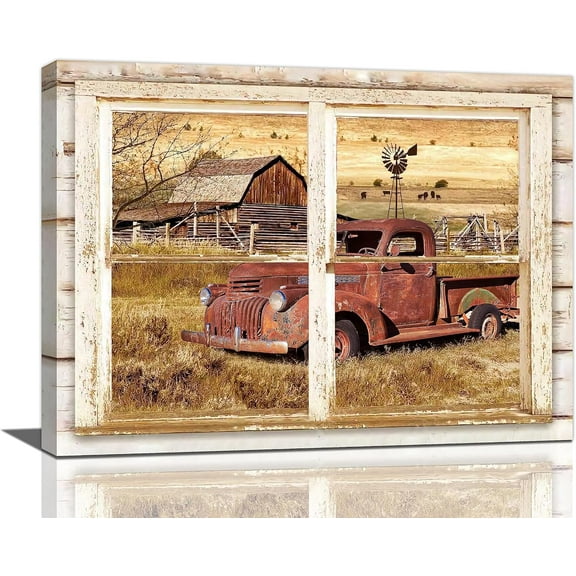 Farmhouse Wall Art Farmhouse Rusty Truck Canvas Prints Rustic Old Barn Pictures Wall Decor Painting Country Landscape Modern Artwork Home Decoration for Bedroom Kitchen Bathroom 16"x12"