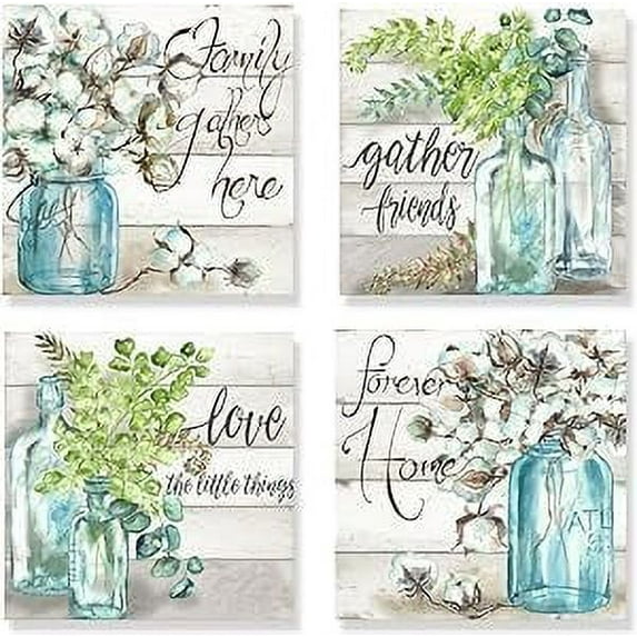 Farmhouse Wall Art for Kitchen Canvas Print Watercolor Family Gathers Here and Forever Home Mason Jar Cotton Floral Plants Artwork Four 12x12inch Framed Prints