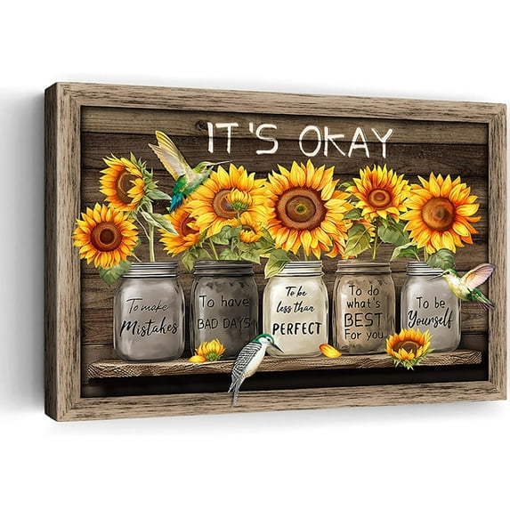 Farmhouse Wall Art for Living Room Rustic Sunflower Pictures Wall Decor Country It''s Okay Inspirational Quotes Canvas Print Artwork for Bedroom Bathroom Office Decor Framed Ready To Hang 12"x18"