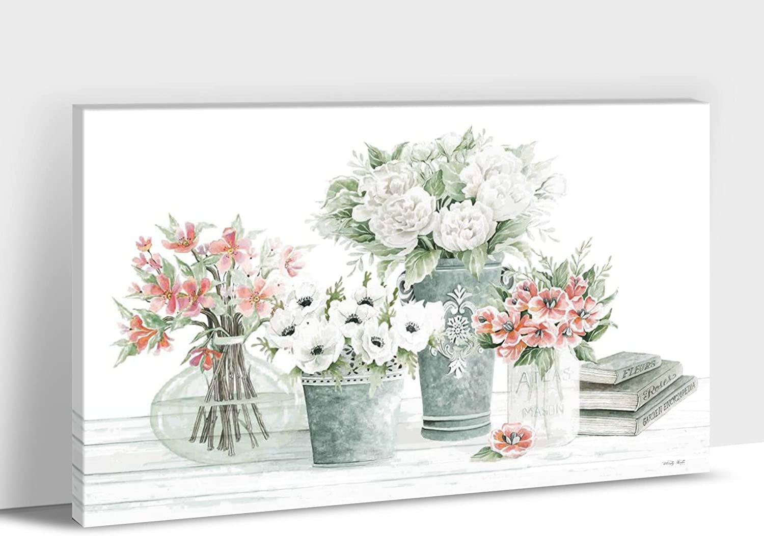 Farmhouse Wall Art - Plant Flower Pictures Wall Art, Modern Farmhouse Bathroom Wall Decor, White Flower Canvas Print, Still life with Vase Painting Framed Artwork for Rustic Home Wall Decor 12x18 Inch