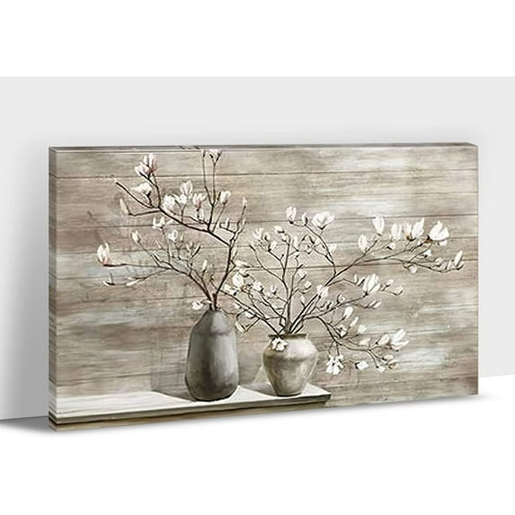 Farmhouse Wall Art - Plant Flower Pictures Wall Art, Modern Farmhouse Bathroom Wall Decor, White Flower Canvas Print, Grey Magnolia Vase Painting Framed Artwork for Rustic Home Wall Decor 12x18 Inch