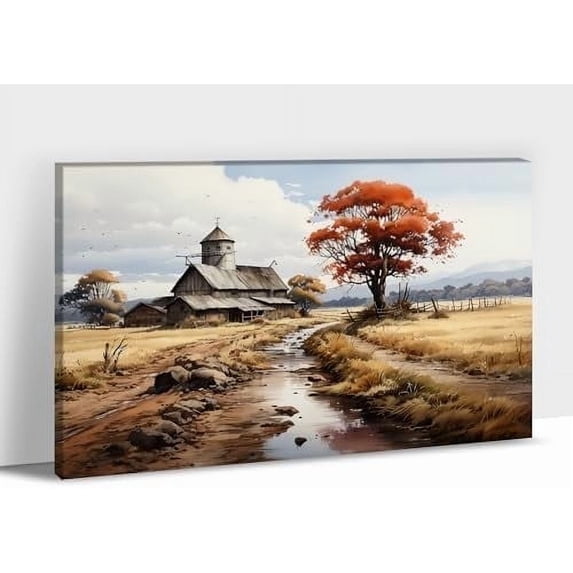 Farmhouse Wall Art Prints, Vintage Barn Picture Canvas Wall Art, Rustic Country Canvas Prints, Autumn Countryside Landscape Pictures for Farmhouse Living Room, Bedroom Wall Decor 12x18 Inches