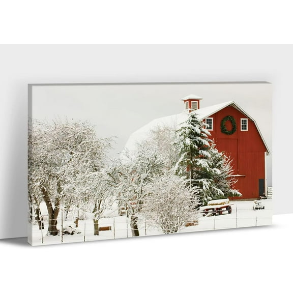 Farmhouse Wall Art-Red Barn Pictures Wall Art, Modern Farmhouse Wall Decor, Christmas Barn Canvas Prints, Old Barn Painting Framed Artwork for Rustic Kitchen Wall Decor, S(12x18 Inches)