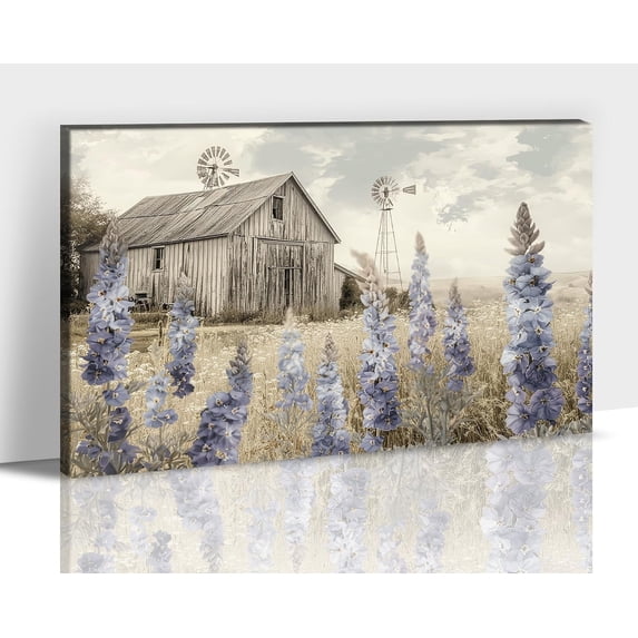 Farmhouse Wall Art, Rustic Barn Canvas Old Truck Pictures for Living Room Wall Decor, Vintage Country Floral Windmill Painting Prints, Framed Western Spring Poster for Bedroom Artwork 12x18 Inches