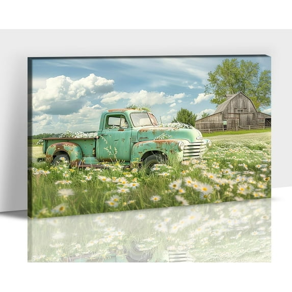 Farmhouse Wall Art, Rustic Barn Canvas Old Truck Pictures for Living Room Wall Decor, Vintage Country Floral Windmill Painting Prints, Framed Western Spring Poster for Bedroom Artwork 12x18 Inches