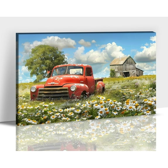 Farmhouse Wall Art, Rustic Barn Canvas Old Truck Pictures for Living Room Wall Decor, Vintage Country Floral Windmill Painting Prints, Framed Western Spring Poster for Bedroom Artwork 12x18 Inches