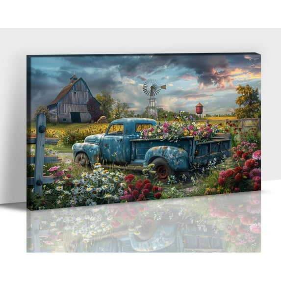Farmhouse Wall Art, Rustic Barn Canvas Old Truck Pictures for Living Room Wall Decor, Vintage Country Floral Windmill Painting Prints, Framed Western Spring Poster for Bedroom Artwork 12x18 Inches
