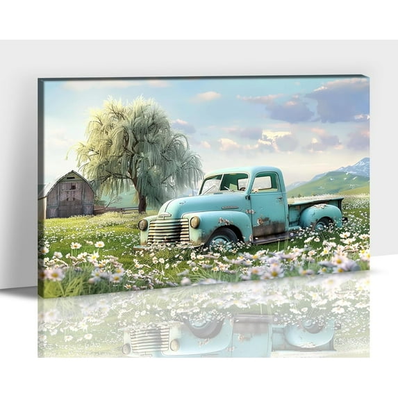 Farmhouse Wall Art, Rustic Barn Canvas Old Truck Pictures for Living Room Wall Decor, Vintage Country Floral Windmill Painting Prints, Framed Western Spring Poster for Bedroom Artwork 12x18 Inches
