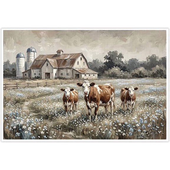 Farmhouse Wall Art Rustic Barn Decor Cow Canvas Print Vintage Country Scene