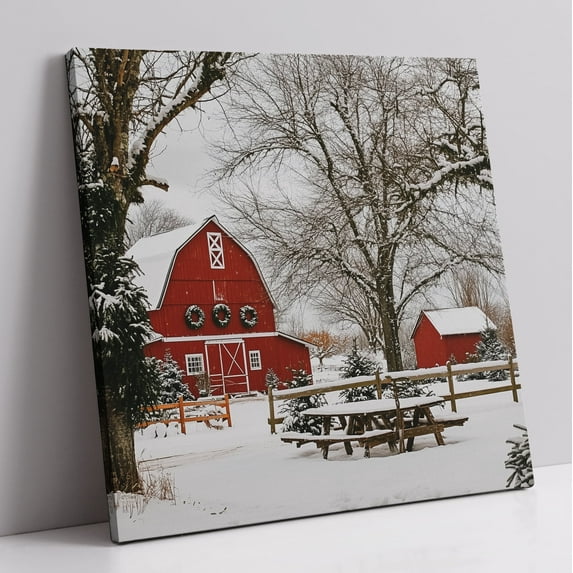 Farmhouse Wall Art, Rustic Barn Pictures Poster Winter Art Countryside Landscape Canvas Prints Christmas Art Xmas Pictures Farmhouse Decorations Wall Décor for Living Room Bedroom (16x16 Inches)