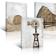 Farmhouse Wall Art Rustic Barn Windmill Cornfield Pictures Countryside Rural Landscape Painting Canvas Artwork Stretched and Framed Ready to Hang Home Decor 12"x16"x3 Pieces