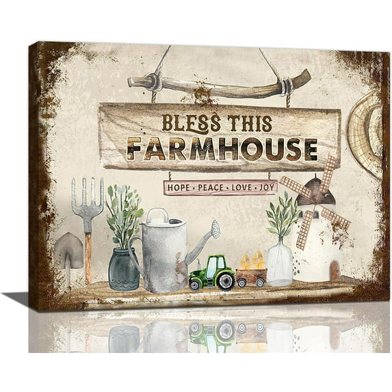 Farmhouse Wall Art Rustic Country Farm Canvas Painting Print Bless This Farmhouse Pictures Wall Decor Framed Artwork Home Decoration for Living Room Kitchen Bathroom 12"x16"