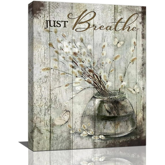 Farmhouse Wall Art Rustic Country Flowers Floral Pictures Wall Decor Just Breathe Bathroom Canvas Decor Shabby Prints Painting Framed Home Artwork For Bathroom Bedroom Kitchen 12"x16"