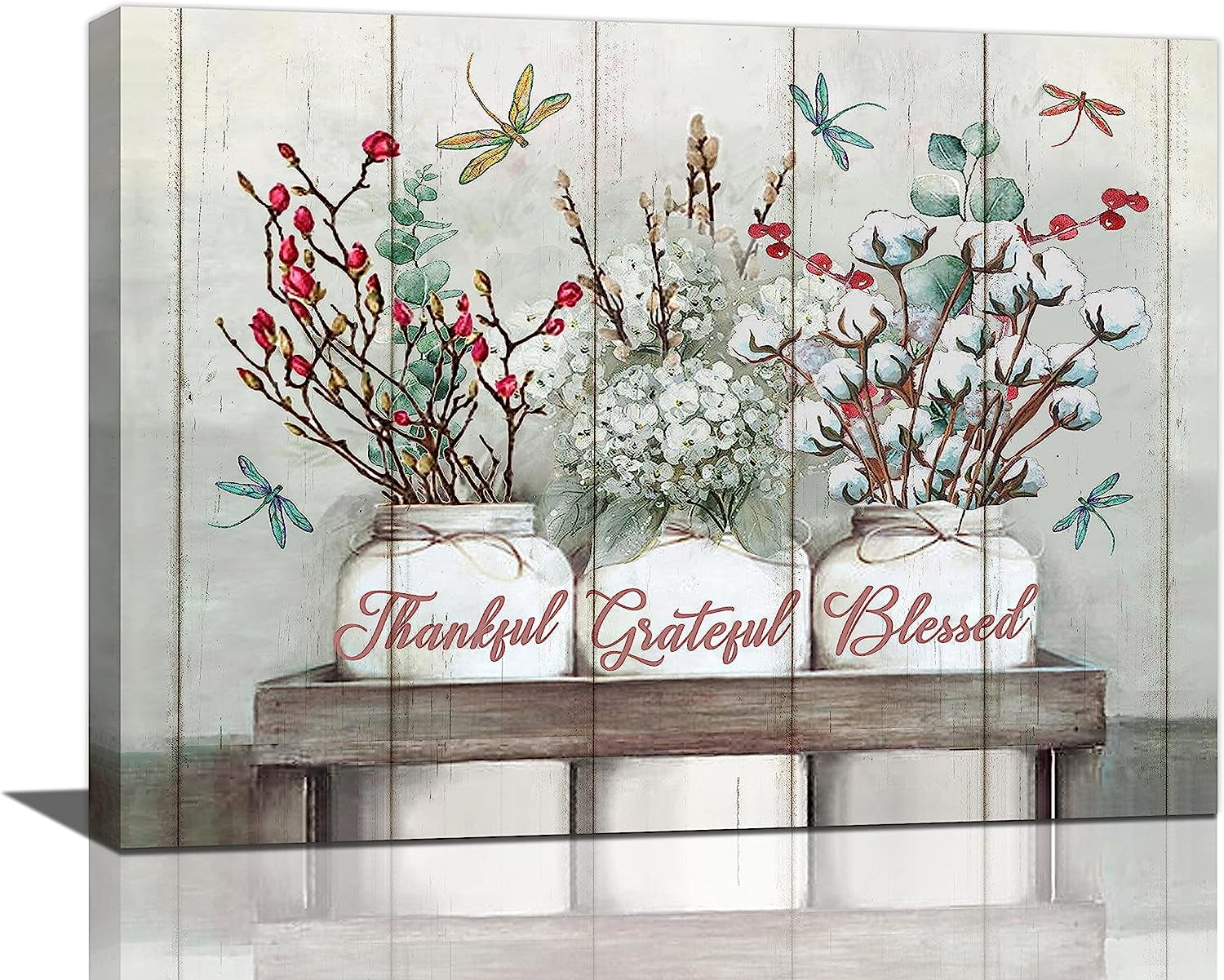 Farmhouse Wall Art Rustic Floral Canvas Prints Country Cotton Flowers Pictures Wall Decor Thankful Grateful Blessed Painting Modern Artwork Home Decor for Kitchen Bathroom Dining Room 16"x12"