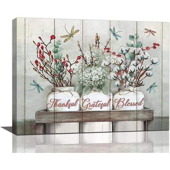 Farmhouse Wall Art Rustic Floral Canvas Prints Country Cotton Flowers Pictures Wall Decor Thankful Grateful Blessed Painting Modern Artwork Home Decor for Kitchen Bathroom Dining Room 16"x12"
