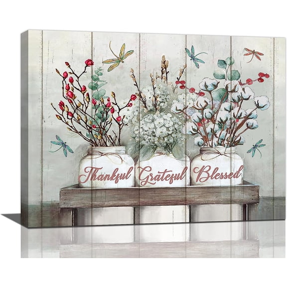 Farmhouse Wall Art Rustic Floral Canvas Prints Country Cotton Flowers Pictures Wall Decor Thankful Grateful Blessed Painting Modern Artwork Home Decor for Kitchen Bathroom Dining Room 12×8 inch