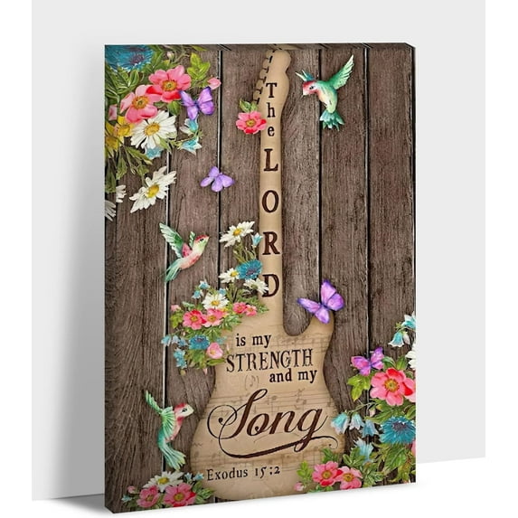 Farmhouse Wall Art - Rustic Guitars Pictures for Living Room Wall Decor, The Lord Is My Strength And My Song Christian Canvas Prints, Modern Framed Artwork for Country Bedroom Decorations 12x18 Inches