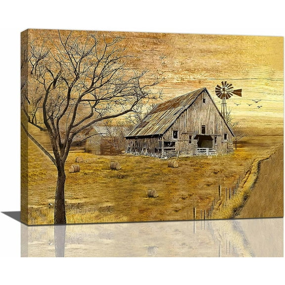 Farmhouse Wall Art Rustic Old Barn Windmill Pictures Wall Decor Country Barn Painting Canvas Prints Farmhouse Bathroom Decor Modern Framed Home Artwork for Kitchen Bedroom Living Room 16"x12"