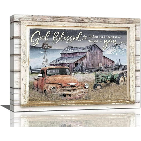 Farmhouse Wall Art Rustic Old Truck Barn Canvas Painting Print Country Shabby Farm Pictures Wall Decor Framed Artwork Home Decoration for Living Room Kitchen Bathroom 12"x16"