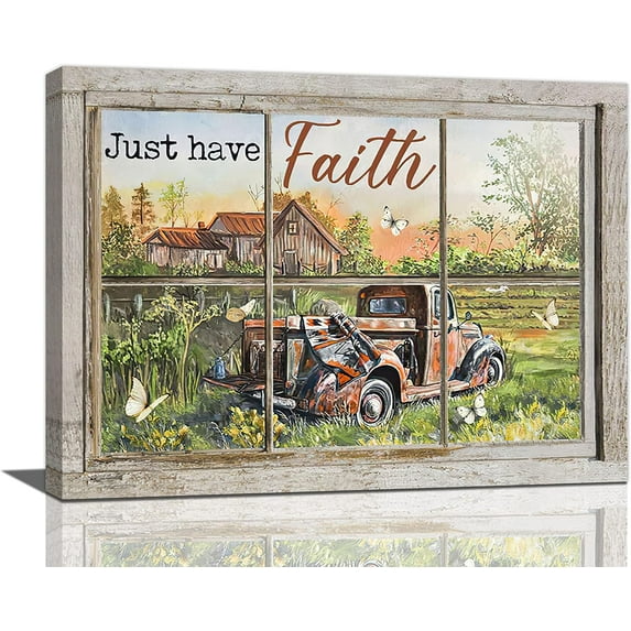 Farmhouse Wall Art Rustic Old Truck Pictures Wall Decor Country Just Have Faith Canvas Prints Painting Artwork Modern Home Office Decoration For Kitchen Bathroom Living Room 16"x12"