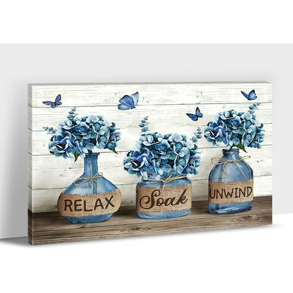 Farmhouse Wall Art - Still Life Flower Canvas Art, Relax Soak Unwind Prints Picture for Country Bathroom Decor, Funny Jars Painting Framed Artwork Rustic Home Décor, S(12x18 Inches)