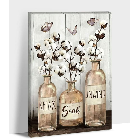 Farmhouse Wall Art - Still Life Flower Canvas Wall Art, Relax Soak Unwind Prints Picture for Country Bathroom Decor, Funny Flower Jars Painting Framed Artwork for Rustic Home Wall Decor (12x18 Inch)