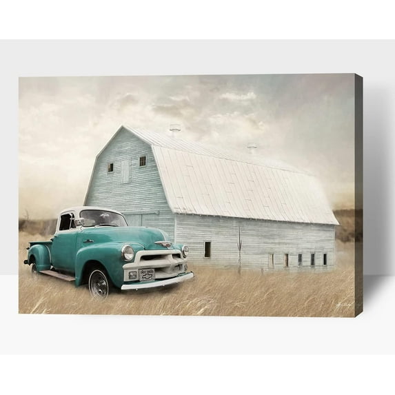 Farmhouse Wall Art, Truck Barn Canvas Prints Wall Art, Vintage Pickup Truck Pictures for Room Wall Decoration, Rustic Country Landscape Painting Poster, Framed Artwork for Home Wall Decor 12x18 inches