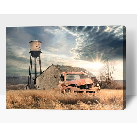 Farmhouse Wall Art, Truck Barn Canvas Prints Wall Art, Vintage Truck Pictures for Country Wall Decor, Rustic Fall Country Landscape Art Painting Poster, Framed Artwork for Home Wall Decor 12x18 inches