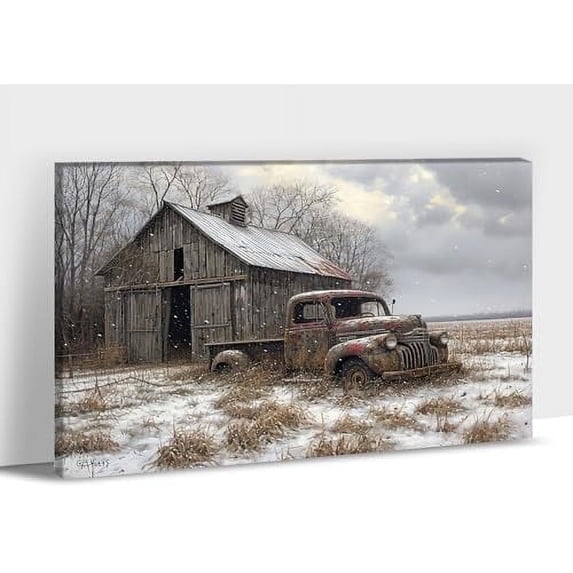 Farmhouse Wall Art, Vintage Barn and Old Truck Picture Canvas Wall Art, Country Rustic Canvas Prints, Winter Countryside Pictures for Farmhouse Living Room, Bedroom Wall Decor 12x18 Inches