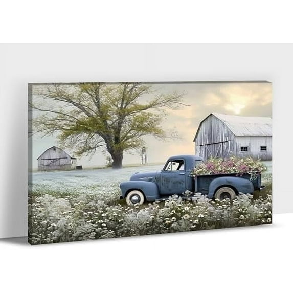 Farmhouse Wall Art, Vintage Barn and White Daisy Florals Picture Canvas Wall Art, Country Old Truck Canvas Prints, Vibrant Spring Landscape Prints for Farmhouse Living Room Wall Decor 12x18 Inches