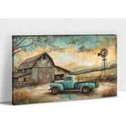 Farmhouse Wall Art, Vintage Barn and Windmill Picture Canvas Wall Art, Old Truck Canvas Prints, Country Rustic Landscape Picture for Farmhouse Living Room, Bedroom Wall Decor 12x18 Inches