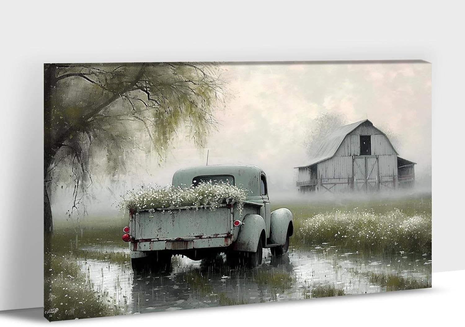 Farmhouse Wall Art - Vintage Truck Decor Canvas Print | White Country Flowers Barn Pictures for Living Room Wall Decoration | Rustic Wall Art 12x18 Inches Framed Artwork