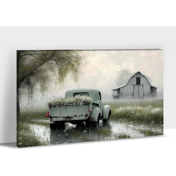 Farmhouse Wall Art - Vintage Truck Decor Canvas Print | White Country Flowers Barn Pictures for Living Room Wall Decoration | Rustic Wall Art 12x18 Inches Framed Artwork
