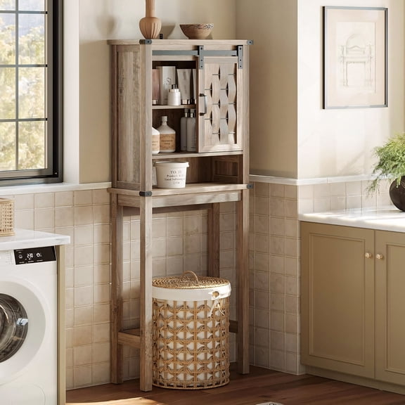 Farmhouse Sliding Door Wall Cabinet Wood Storage Organizer Light Brown