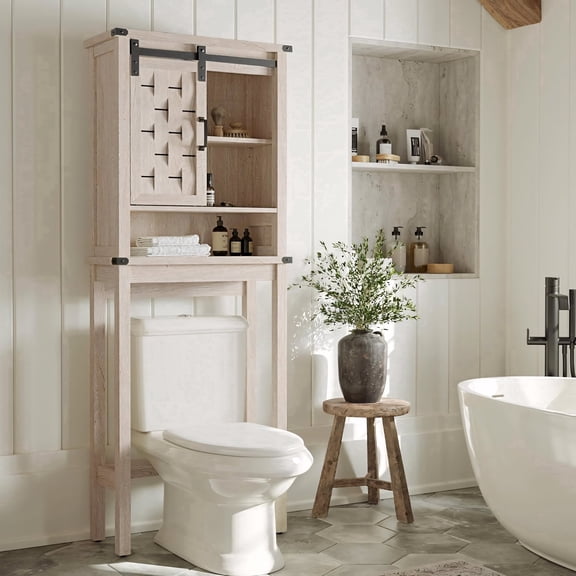 Farmhouse Sliding Door Wall Cabinet Wood Storage Organizer Light Gray