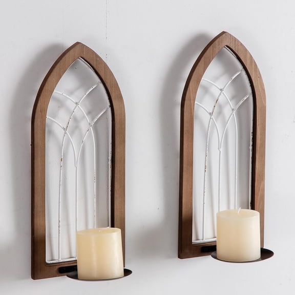 Farmhouse Wall Candle Holder, Rustic Candle Sconces Set of Two Arch Cathedral Window Decor, Wall Mounted Pillar Candle Holders for Living Room, Bedroom, Hallway, Brown