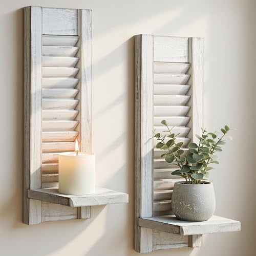 Farmhouse Wall Candle Sconces Set of 2, Solid Wood Rustic Candle Holders for Wall, Distressed White Decorative Wall Shelf for Living Room, Bedroom, Bathroom & Entryway, 15.7"x5"
