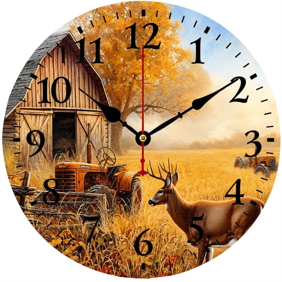 Farmhouse Wall Clock 9.84 Inch, Rustic Deer Barn Round Analog Clock, Battery Operated Country Wall Decor for Living Room Kitchen Bedroom Cabin Home
