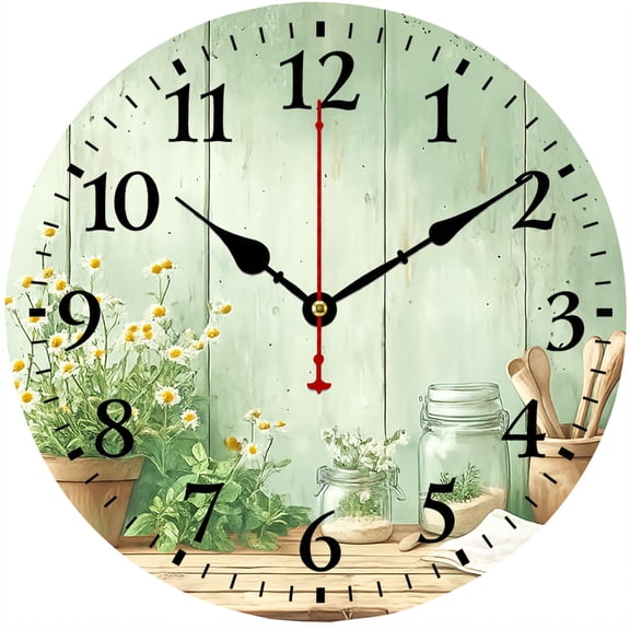 Farmhouse Wall Clock 9.84 Inch, Rustic Green Daisy Floral Kitchen Wall Clock, Battery Operated Analog Clock with Easy to Read Numbers for Living Room Bedroom Office Decor