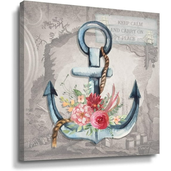 Farmhouse Wall Decor Art Canvas Print Painting 12x12in Rustic Nautical Beach Anchor Vintage Map Poster Home Decor Coastal Ocean Nautical Themed Artwork for Bedroom Living Room Bathroom Office 12x12in