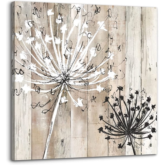 Farmhouse Wall Decor Black & White Dandelion Silhouette Theme Poster Wall Art Rustic Home Wall Art Decoration Easy to Hang 14 * 14 in