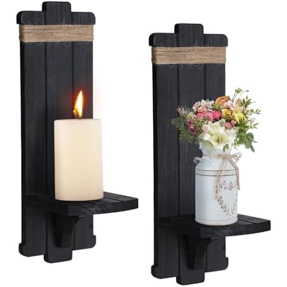 Farmhouse Wall Decor Candle Sconces - 2 Pcs Rustic Gothic Handmade Wooden Wall-Mount Candle Holders for Bedroom Living Room Bathroom Home Hanging Art Decorations Accessories Gifts, Black