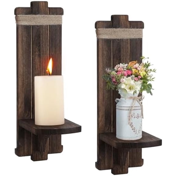 Farmhouse Wall Decor Candle Sconces - 2 Pcs Vintage Rustic Handmade Wooden Wall-Mount Candle Holders for Bedroom Living Room Bathroom Home Hanging, Brown