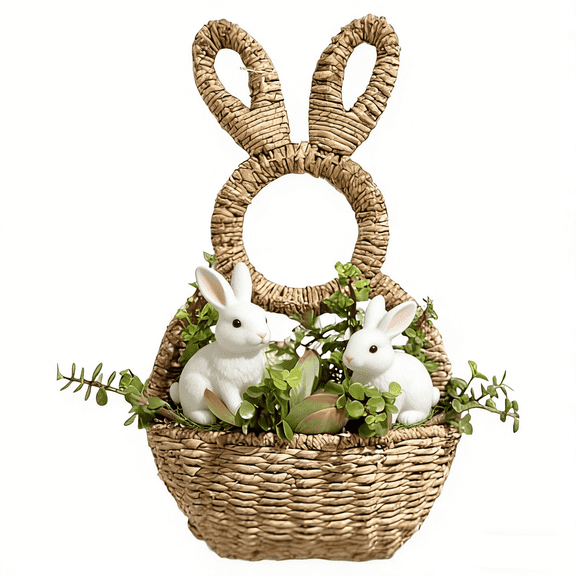 Hanging Wicker Bunny Basket - Easter Front Door Decor, Hand-Woven Wall Basket for Indoor & Outdoor Spaces