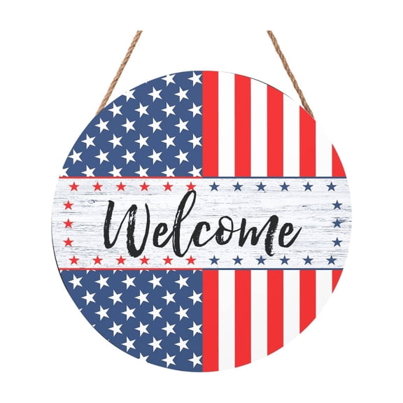 Farmhouse Wall Decor Living Room, Fourth of July Decorations, Front Porch Decorations Outdoor, Red White and Blue Patriotic Welcome Hanging Door Sign, Round Wooden Wall Decor for